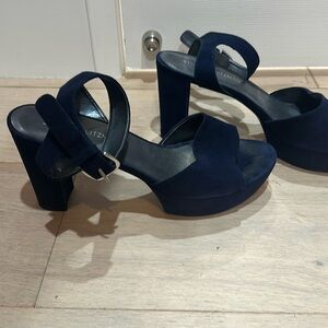 Stuart Weitzman dark blue suede block heel platform sandals